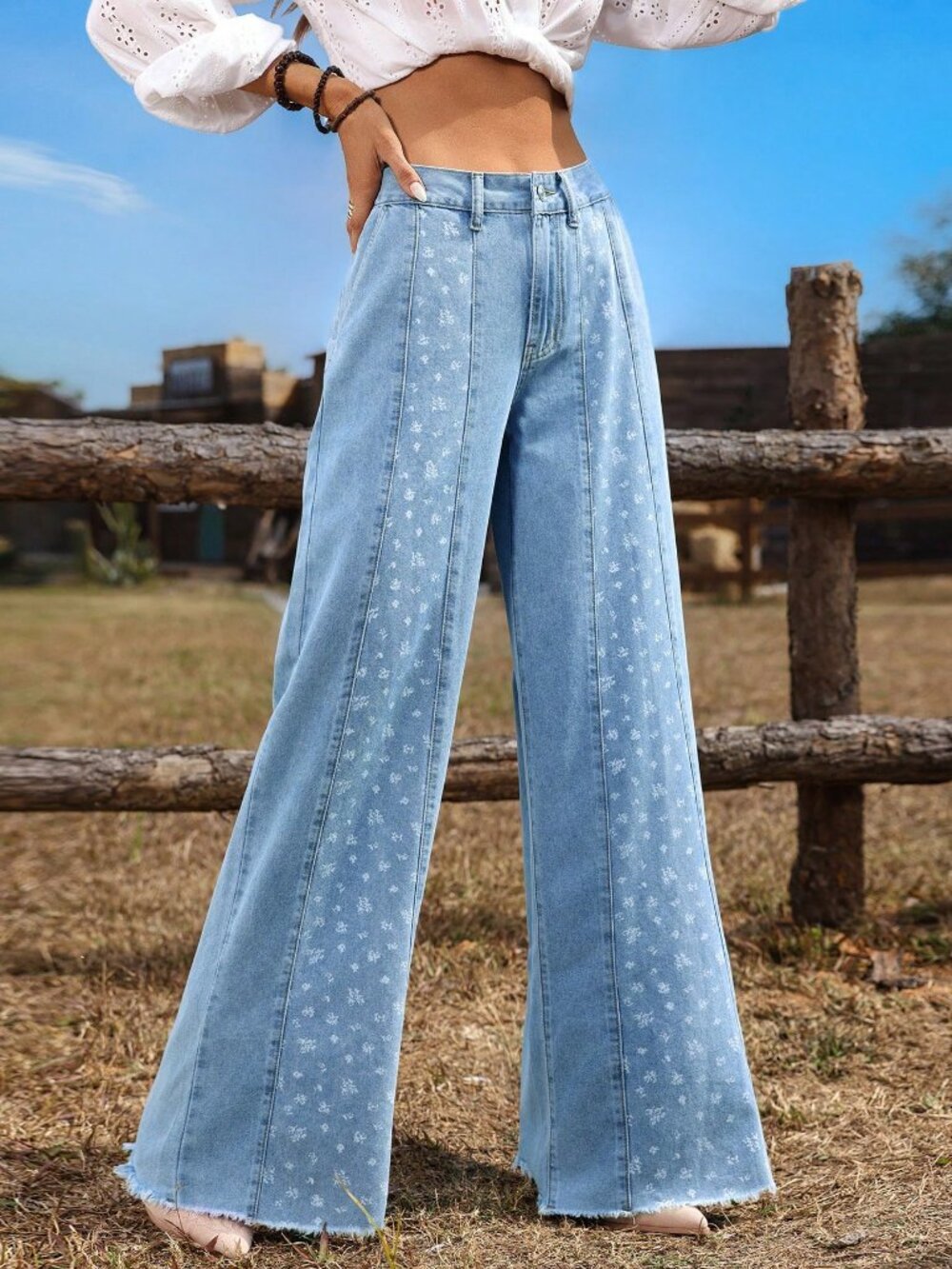 Blue Casual Women's Ditsy Floral Wide Leg Loose Jeans - Picture 4 of 6